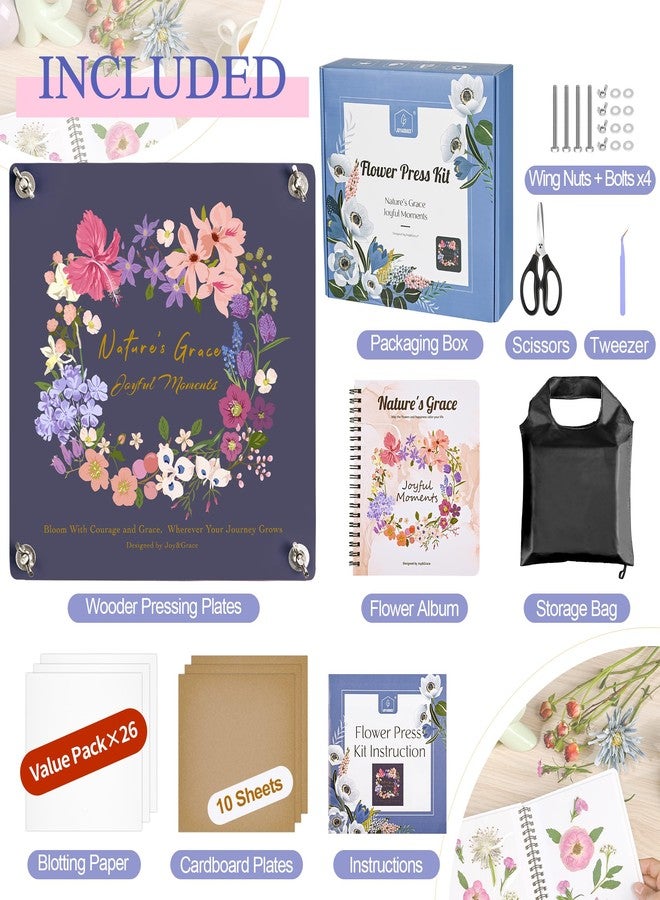 Joy&Grace Flower Press Kit for Adults & Kids, with Designed Cover and DIY Album, 10.9" x 10.9" 10 Layers Flower Preservation Kit, Plant Press and Large Plant Drying Toolkit (Color Box, Purple Navy) - Image 3